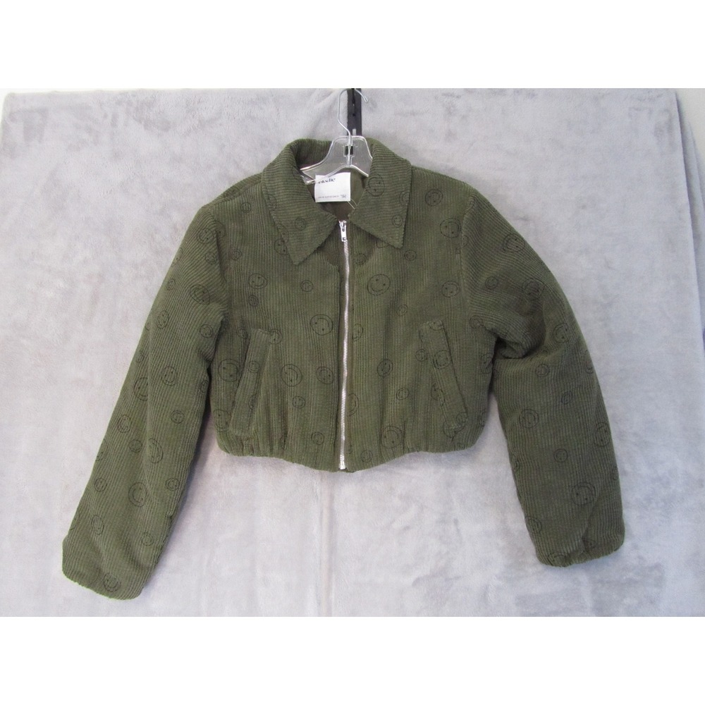 Elodie Womens Olive Green Smiley Face Corduroy Cropped Zip Up Jacket XS